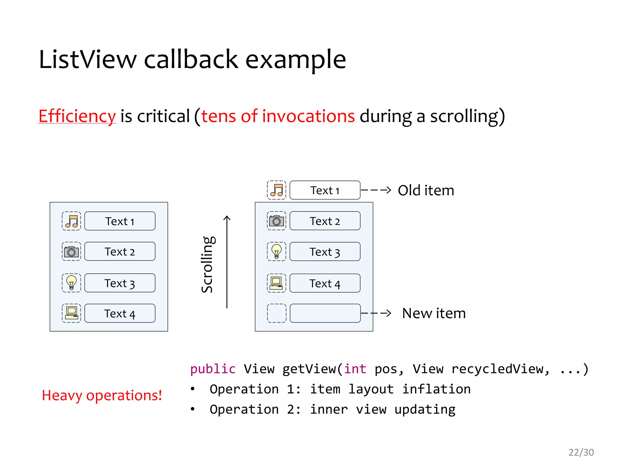 Text 1
Text 2
Text 3
Text 4
Text 1
Text 2
Text 3
Text 4
Scrolling
Old item
New item
public View getView(int pos, View recycledView, ...)
• Operation 1: item layout inflation
• Operation 2: inner view updating
ListView callback example
Efficiency is critical (tens of invocations during a scrolling)
22/30
Heavy operations!
 