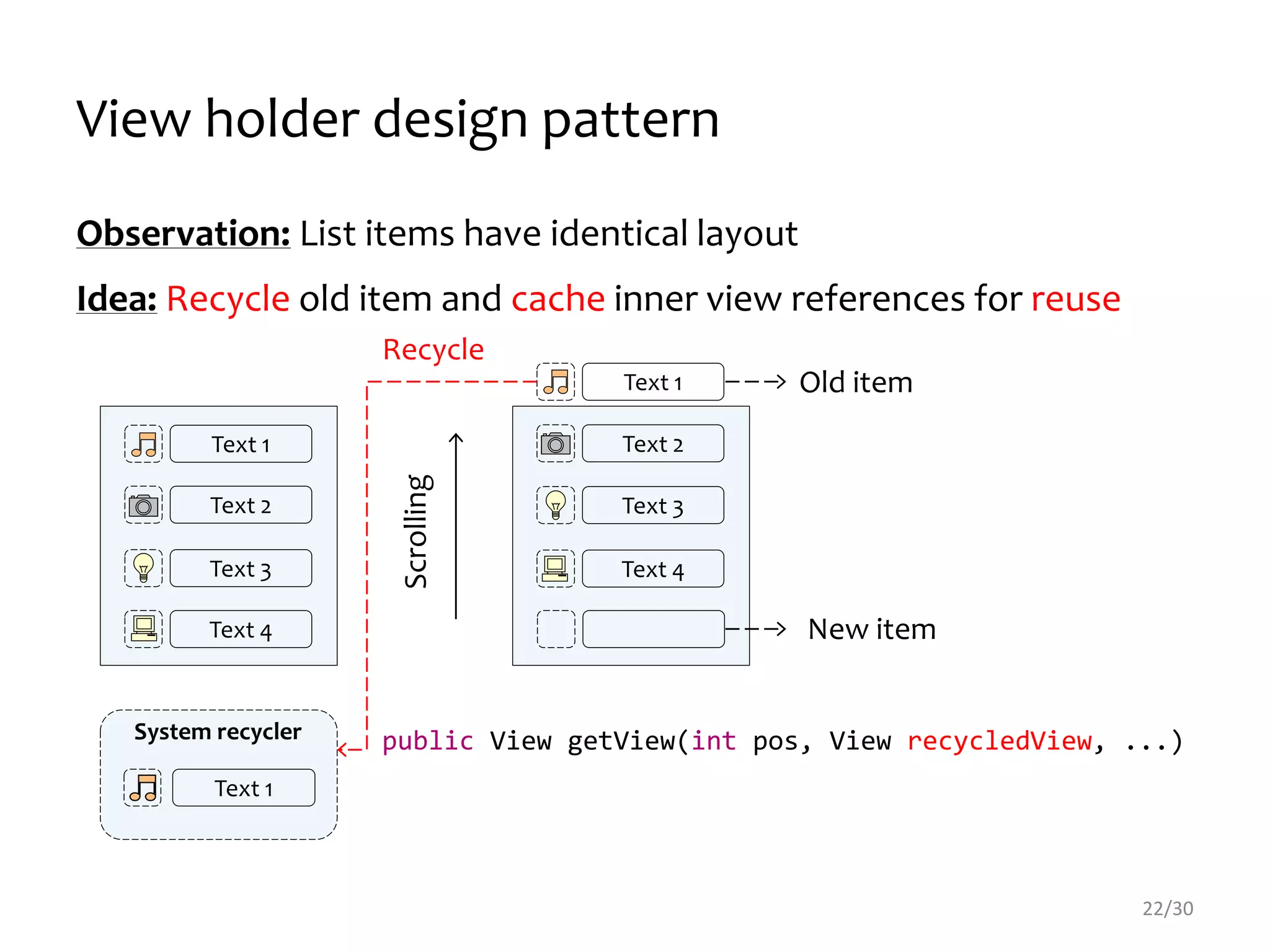 public View getView(int pos, View recycledView, ...)System recycler
Text 1
22/30
Text 1
Text 2
Text 3
Text 4
Text 1
Text 2
Text 3
Text 4
Scrolling
View holder design pattern
Old item
New item
Observation: List items have identical layout
Idea: Recycle old item and cache inner view references for reuse
Recycle
 