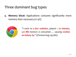 Three dominant bug types
3. Memory bloat: Applications consume significantly more
memory than necessary (11.4%)
“I went to a few websites, played < 10 minutes,
5.6 MB memory is consumed … causing crashes
on Galaxy S4.” (Chrome bug 245782)
13/30
 