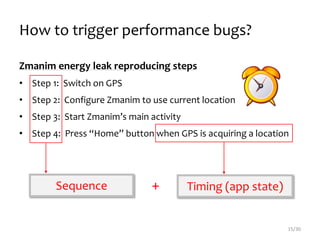How to trigger performance bugs?
15/30
Zmanim energy leak reproducing steps
• Step 1: Switch on GPS
• Step 2: Configure Zmanim to use current location
• Step 3: Start Zmanim’s main activity
• Step 4: Press “Home” button when GPS is acquiring a location
Sequence Timing (app state)+
 