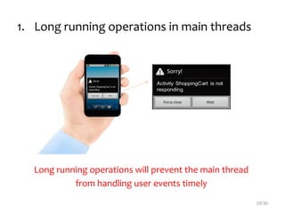 1. Long running operations in main threads
2
4
View my
items
SHOPPING
CART
19/30
Long running operations will prevent the main thread
from handling user events timely
 