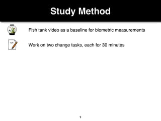 Study Method
9
Fish tank video as a baseline for biometric measurements
Work on two change tasks, each for 30 minutes
 