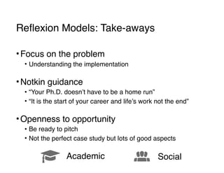 Reflexion Models: Take-aways
•Focus on the problem
• Understanding the implementation 
•Notkin guidance
• “Your Ph.D. doesn’t have to be a home run”
• “It is the start of your career and life’s work not the end” 
•Openness to opportunity
• Be ready to pitch
• Not the perfect case study but lots of good aspects
Ý Social! Academic
 