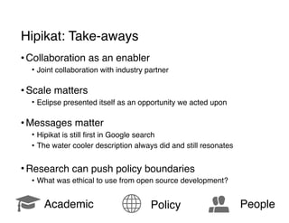 Hipikat: Take-aways
• Collaboration as an enabler
• Joint collaboration with industry partner 
• Scale matters
• Eclipse presented itself as an opportunity we acted upon 
• Messages matter
• Hipikat is still first in Google search
• The water cooler description always did and still resonates
• Research can push policy boundaries
• What was ethical to use from open source development?
! Academic á PeopleĦ Policy
 