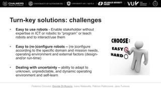 UNIVERSITY OF L’AQUILA
Federico Ciccozzi, Davide Di Ruscio, Ivano Malavolta, Patrizio Pelliccione, Jana Tumova
• Easy to use robots - Enable stakeholder without
expertise in ICT or robotic to “program” or teach
robots and to interact/use them
• Easy to (re-)configure robots – (re-)configure
according to the specific domain and mission needs,
operating environment and external factors (design-
and/or run-time)
• Dealing with uncertainty – ability to adapt to
unknown, unpredictable, and dynamic operating
environment and self-learn
Turn-key solutions: challenges
 