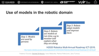 UNIVERSITY OF L’AQUILA
Federico Ciccozzi, Davide Di Ruscio, Ivano Malavolta, Patrizio Pelliccione, Jana Tumova
H2020 Robotics Multi-Annual Roadmap ICT-2016.
http://sparc-robotics.eu/wp-content/uploads/2014/05/H2020-Robotics-Multi-Annual-Roadmap-ICT-2016.pdf
Use of models in the robotic domain
 