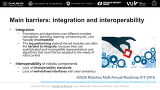 UNIVERSITY OF L’AQUILA
Federico Ciccozzi, Davide Di Ruscio, Ivano Malavolta, Patrizio Pelliccione, Jana Tumova
Main barriers: integration and interoperability
• Integration
• Formalisms and algorithms over different modules
(perception, planning, learning, envisioning etc.) are
typically incompatible
• The top performing state-of-the-art modules are often
the hardest to integrate, because they use
sophisticated and incompatible representations and
algorithms that must first be adapted to the needs of
robot control
• Interoperability of robotic components
• Lack of interoperability standards
• Lack of well-defined interfaces with clear semantics
H2020 Robotics Multi-Annual Roadmap ICT-2016.
http://sparc-robotics.eu/wp-content/uploads/2014/05/H2020-Robotics-Multi-Annual-Roadmap-ICT-2016.pdf
 