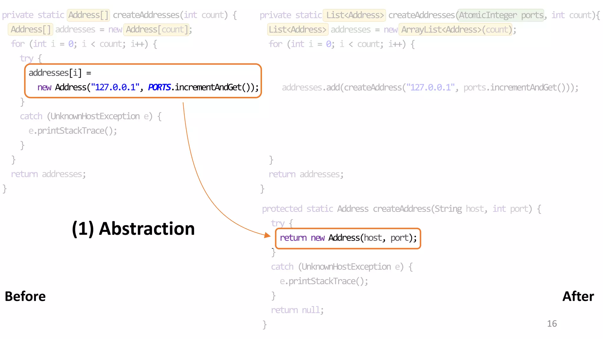 16 private static Address[] createAddresses(int count) { Address[] addresses = new Address[count]; for (int i = 0; i < count; i++) { try { addresses[i] = new Address("127.0.0.1", PORTS.incrementAndGet()); } catch (UnknownHostException e) { e.printStackTrace(); } } return addresses; } private static List<Address> createAddresses(AtomicInteger ports, int count){ List<Address> addresses = new ArrayList<Address>(count); for (int i = 0; i < count; i++) { addresses.add(createAddress("127.0.0.1", ports.incrementAndGet())); } return addresses; } protected static Address createAddress(String host, int port) { try { return new Address(host, port); } catch (UnknownHostException e) { e.printStackTrace(); } return null; } AfterBefore (1) Abstraction 