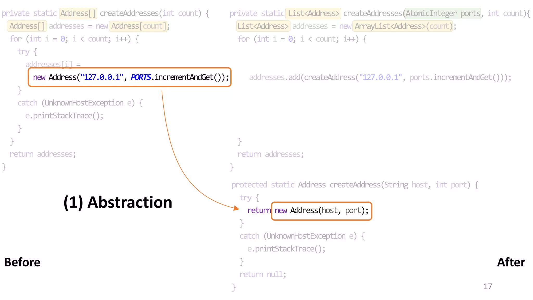 17 private static Address[] createAddresses(int count) { Address[] addresses = new Address[count]; for (int i = 0; i < count; i++) { try { addresses[i] = new Address("127.0.0.1", PORTS.incrementAndGet()); } catch (UnknownHostException e) { e.printStackTrace(); } } return addresses; } private static List<Address> createAddresses(AtomicInteger ports, int count){ List<Address> addresses = new ArrayList<Address>(count); for (int i = 0; i < count; i++) { addresses.add(createAddress("127.0.0.1", ports.incrementAndGet())); } return addresses; } protected static Address createAddress(String host, int port) { try { return new Address(host, port); } catch (UnknownHostException e) { e.printStackTrace(); } return null; } AfterBefore (1) Abstraction 