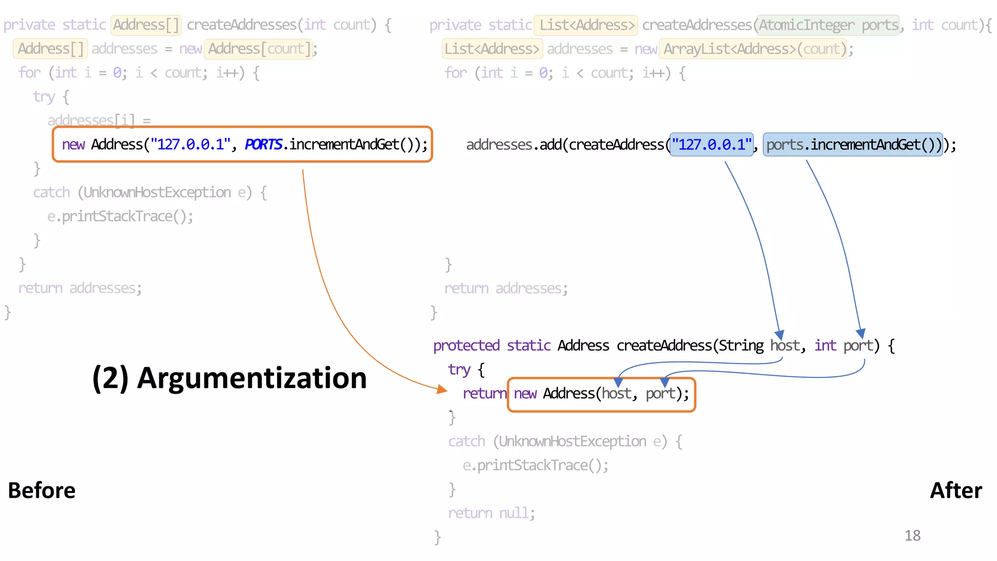 18 private static Address[] createAddresses(int count) { Address[] addresses = new Address[count]; for (int i = 0; i < count; i++) { try { addresses[i] = new Address("127.0.0.1", PORTS.incrementAndGet()); } catch (UnknownHostException e) { e.printStackTrace(); } } return addresses; } private static List<Address> createAddresses(AtomicInteger ports, int count){ List<Address> addresses = new ArrayList<Address>(count); for (int i = 0; i < count; i++) { addresses.add(createAddress("127.0.0.1", ports.incrementAndGet())); } return addresses; } protected static Address createAddress(String host, int port) { try { return new Address(host, port); } catch (UnknownHostException e) { e.printStackTrace(); } return null; } AfterBefore (2) Argumentization 