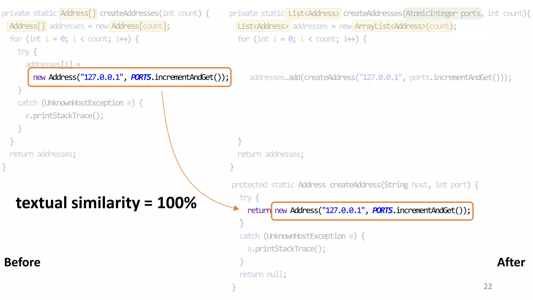 22 private static Address[] createAddresses(int count) { Address[] addresses = new Address[count]; for (int i = 0; i < count; i++) { try { addresses[i] = new Address("127.0.0.1", PORTS.incrementAndGet()); } catch (UnknownHostException e) { e.printStackTrace(); } } return addresses; } private static List<Address> createAddresses(AtomicInteger ports, int count){ List<Address> addresses = new ArrayList<Address>(count); for (int i = 0; i < count; i++) { addresses.add(createAddress("127.0.0.1", ports.incrementAndGet())); } return addresses; } protected static Address createAddress(String host, int port) { try { return new Address("127.0.0.1", PORTS.incrementAndGet()); } catch (UnknownHostException e) { e.printStackTrace(); } return null; } AfterBefore textual similarity = 100% 