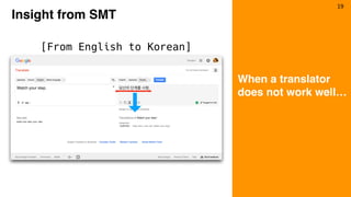 Insight from SMT
[From English to Korean]
When a translator
does not work well…
19
 