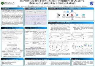 IMPROVING BUG LOCALIZATION WITH REPORT QUALITY
DYNAMICS AND QUERY REFORMULATION
{MD. MASUDUR RAHMAN AND CHANCHAL K. ROY} UNIVERSITY OF SASKATCHEWAN, COMPUTER SCIENCE
ABSTRACT
In this poster paper, we present a large empirical
study using 5,500 bug reports from eight systems
and replicating three existing studies. Our ﬁnd-
ings empirically demonstrate how quality dy-
namics of bug reports affect the performances of
the contemporary IR-based bug localizations. Ex-
isting techniques do not perform well if (1) a bug
report lacks rich structured information such as
relevant program entity names, and (2) the bug
report contains excessive structured information
such as stack traces. Our preliminary ﬁndings
also suggest that context-aware query reformulations
might help overcome such limitations.
TERM WEIGHT CALCULATION
TF −IDF(t) =
∀d∈DRF
(1+log(ft,d))×log
|D|
nt
Vi = {Ci, Mi},
Ei = {Ci ↔ Mi} ∪ {Ci → Cj, Mi → Mj} | j = i − 1
V =
N
i=1
{Vi}, E =
N
i=1
{Ei}, GST = (V, E)
S(Vi) = (1−ψ)+ψ
j In(Vi)
S(Vj)
|Out(Vj)|
(0 ≤ ψ ≤ 1)
SCHEMATIC DIAGRAM OF THE EMPIRICAL STUDY
Bug report
collection
Bug report
clustering
Clustered
bug reports
Project
codebase
BLUiR
BugLocator
LOBSTER
Result analysis
+ answering RQs
Findings
and insights
CONTACT INFORMATION
Web www.usask.ca/∼masud.rahman
Email masud.rahman@usask.ca
Twitter @masud2336
Phone +1 (306) 241 9293
CONCLUSION & FUTURE RESEARCH
• A large-scale empirical study pointing out
that state-of-the-art IR-based techniques are
not robust to various types of bug reports.
• Quality of the bug report is a major factor.
• Appropriate reformulation of the report con-
tents is warranted prior to bug localization.
• Future research can develop techniques that
take bug report quality into consideration.
REFERENCES
[1] M. M. Rahman and C. K. Roy. Poster: Improv-
ing bug localization with report quality dynamics
and query reformulation. In Proc. ICSE-C, page 02,
Gothenburg, Sweden, May 2018.
RESEARCH QUESTIONS & ANSWERS
• RQ1: How do existing IR-based bug local-
ization techniques perform with the bug re-
ports containing excessive amount of struc-
tured information (e.g., stack traces)?
• RQ2: How do existing IR-based techniques
perform with the bug reports containing
neither program element names nor stack
traces (i.e., only unstructured regular texts)?
• RQ3: Does a single technique perform si-
multaneously well with the bug reports
from both groups?
Figure 1: MAP@K of (a) Baseline (Lucene), (b) BugLocator, (c) BLUiR, and (d) LOBSTER with bug reports containing
excessive structured information (e.g., stack traces)
Figure 2: Hit@10 of (a) Baseline (Lucene), (b) BugLoca-
tor, (c) BLUiR, and (d) LOBSTER with bug reports con-
taining only regular texts
Figure 3: MAP@10 of all four techniques with bug re-
ports containing (a) stack traces, (b) natural language
texts only, (c) program elements, and (d) all bug reports
TRACE GRAPH DEVELOPMENT
Table 1: A Noisy Bug Report
Title: should be able to cast “null"
Bug ID: 31637, Project: eclipse.jdt.debug
Description: When trying to debug an application the variables
tab is empty. Also when I try to inspect or display a variable,
I get following error logged in the eclipse log ﬁle:
java.lang.NullPointerException
at org.eclipse.jdt.internal.debug.core.
model.JDIValue.toString(JDIValue.java:362)
at org.eclipse.jdt.internal.debug.eval.ast.
instructions.Cast.execute(Cast.java:88)
at org.eclipse.jdt.internal.debug.eval.ast.engine.
Interpreter.execute(Interpreter.java:44)
at org.eclipse.jdt.internal.debug.eval.ast.engine.
........................................ (8 more).......................................
Cast access
InterpreterJDIValue
toString run
runEvaluation
doEvaluation
EvaluationThread
execute
JDIThread
Thread
EvaluationThread
toString
JDIValue
run
execute
Figure 4: Trace graph of stack traces in Table 1
QUERY REFORMULATION
Table 2: An Example of Query Reformulation
Technique Group Query Terms QE
Baseline
BRST
127 terms from Table 1 after
preprocessing, Bug ID# 31637,
eclipse.jdt.debug
53
Proposed NullPointerException + “Bug
should be able to cast null" +
{JDIValue toString execute
EvaluationThread run}
01
Baseline
BRP E
195 terms (after preprocessing) from
Bug ID# 15036, eclipse.jdt.core
27
Proposed {astvisitor post postvisit previsit pre
ﬁle post pre astnode visitor}
01
Baseline
BRNL
32 terms after preprocessing, Bug ID#
475855, eclipse.jdt.ui
30
Proposed Preprocessed report texts
+ {compliance create
preference add configuration
field dialog annotation}
01
Table 3: A Poor Bug Report
Title: [preferences] Mark Occurences Pref Page
Bug ID: 187316, Project: eclipse.jdt.ui
Description: There should be a link to the pref page
on which you can change the color. Namely: Gener-
al/Editors/Text Editors/Annotations. It’s a pain in
the a** to ﬁnd the pref if you do not know Eclipse’s
preference structure well.
 