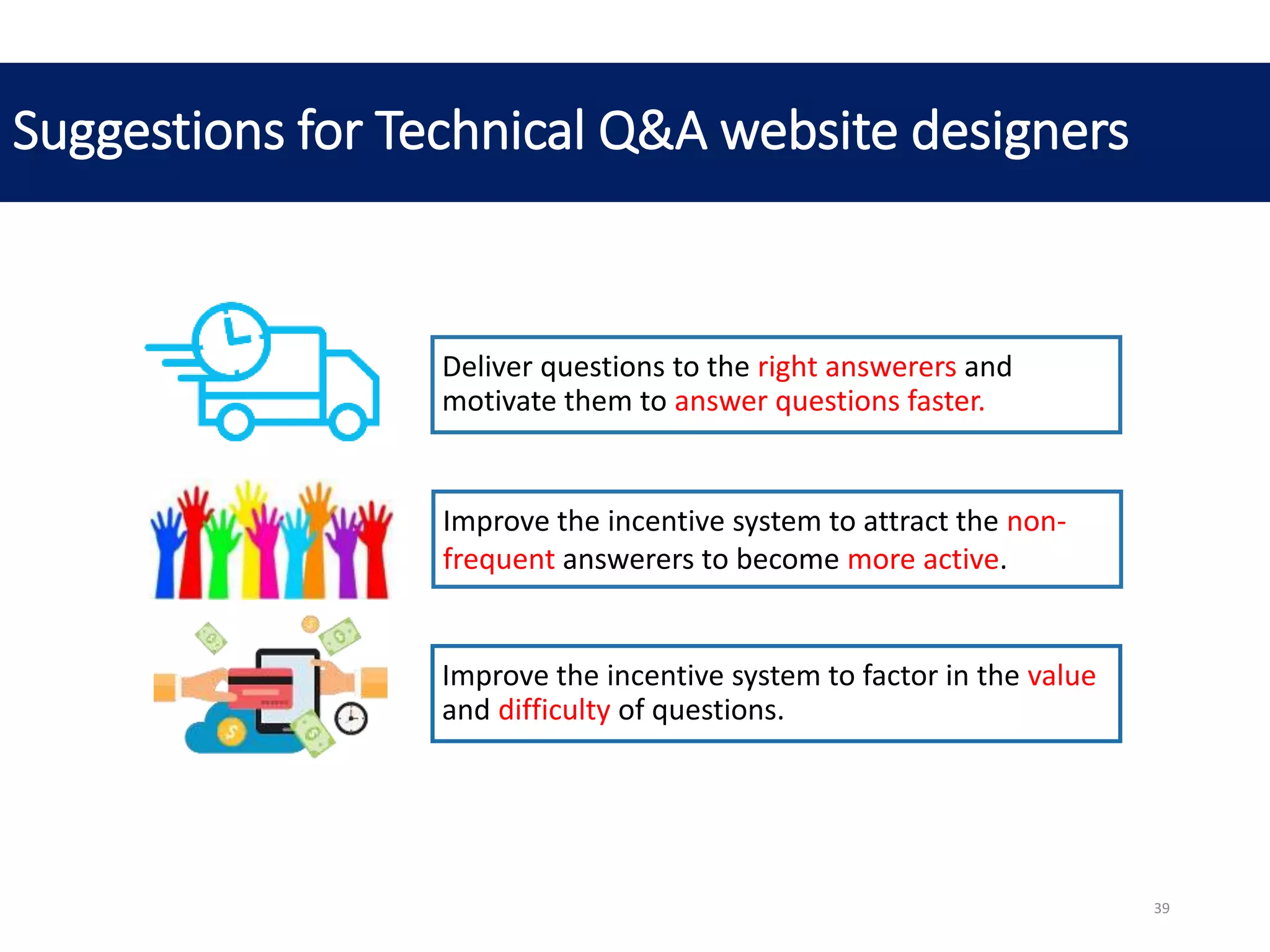 Suggestions for Technical Q&A website designers
Deliver questions to the right answerers and
motivate them to answer questions faster.
Improve the incentive system to attract the non-
frequent answerers to become more active.
Improve the incentive system to factor in the value
and difficulty of questions.
39
 