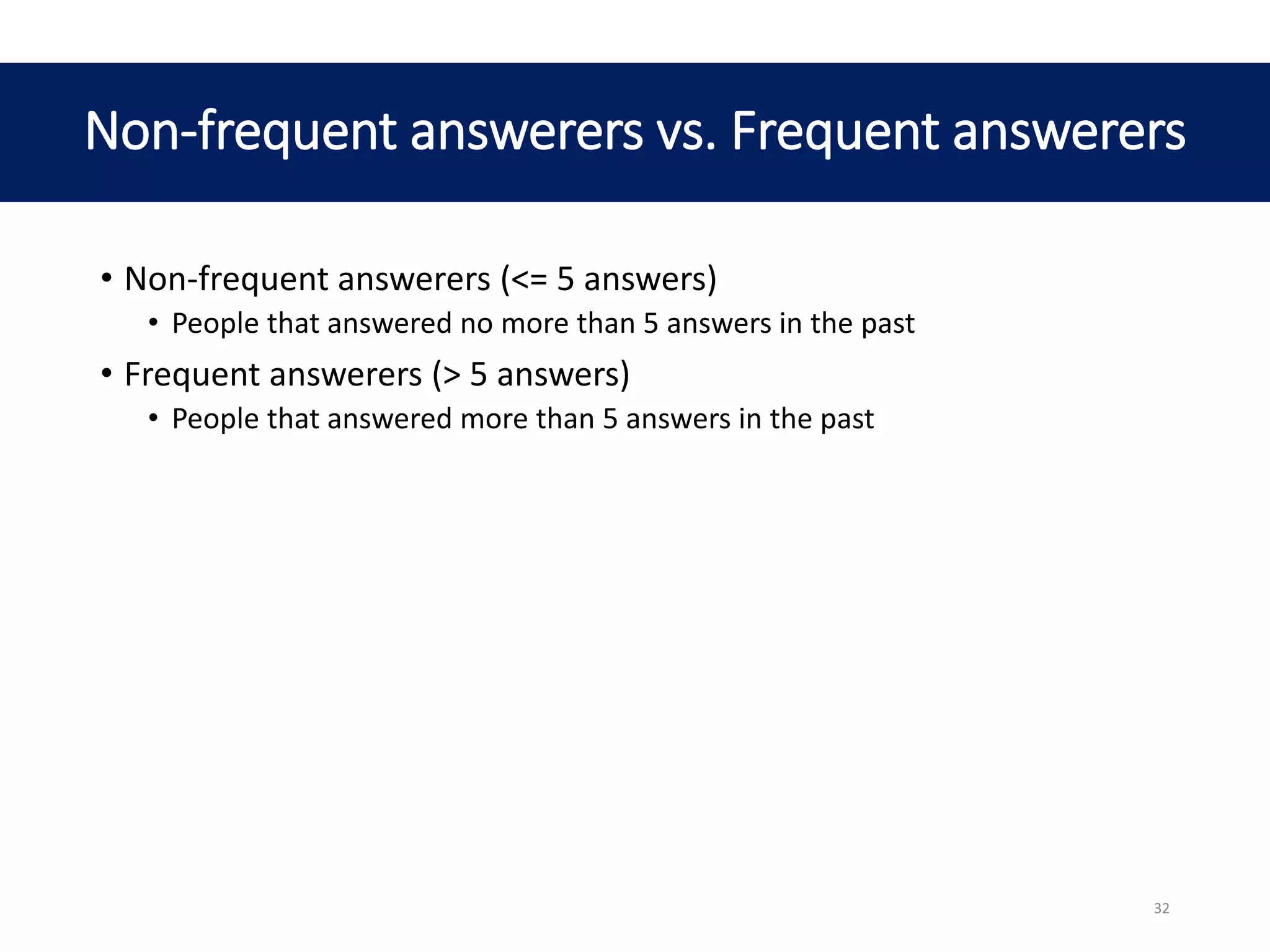 • Non-frequent answerers (<= 5 answers)
• People that answered no more than 5 answers in the past
• Frequent answerers (> 5 answers)
• People that answered more than 5 answers in the past
Non-frequent answerers vs. Frequent answerers
32
 