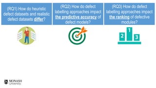(RQ1) How do heuristic  
defect datasets and realistic  
defect datasets differ?
(RQ2) How do defect
labelling approaches impact
the predictive accuracy of
defect models?
(RQ3) How do defect
labelling approaches impact
the ranking of defective
modules?
 
