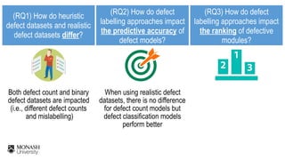 (RQ1) How do heuristic  
defect datasets and realistic  
defect datasets differ?
(RQ2) How do defect
labelling approaches impact
the predictive accuracy of
defect models?
(RQ3) How do defect
labelling approaches impact
the ranking of defective
modules?
When using realistic defect
datasets, there is no difference
for defect count models but
defect classification models
perform better
Both defect count and binary
defect datasets are impacted
(i.e., different defect counts 
and mislabelling)
 
