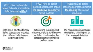 (RQ1) How do heuristic  
defect datasets and realistic  
defect datasets differ?
(RQ2) How do defect
labelling approaches impact
the predictive accuracy of
defect models?
(RQ3) How do defect
labelling approaches impact
the ranking of defective
modules?
The heuristic approach has a
negligible to small impact on
the ranking of defective
modules
When using realistic defect
datasets, there is no difference
for defect count models, but
defect classification models
perform better
Both defect count and binary
defect datasets are impacted
(i.e., different defect counts 
and mislabelling)
 