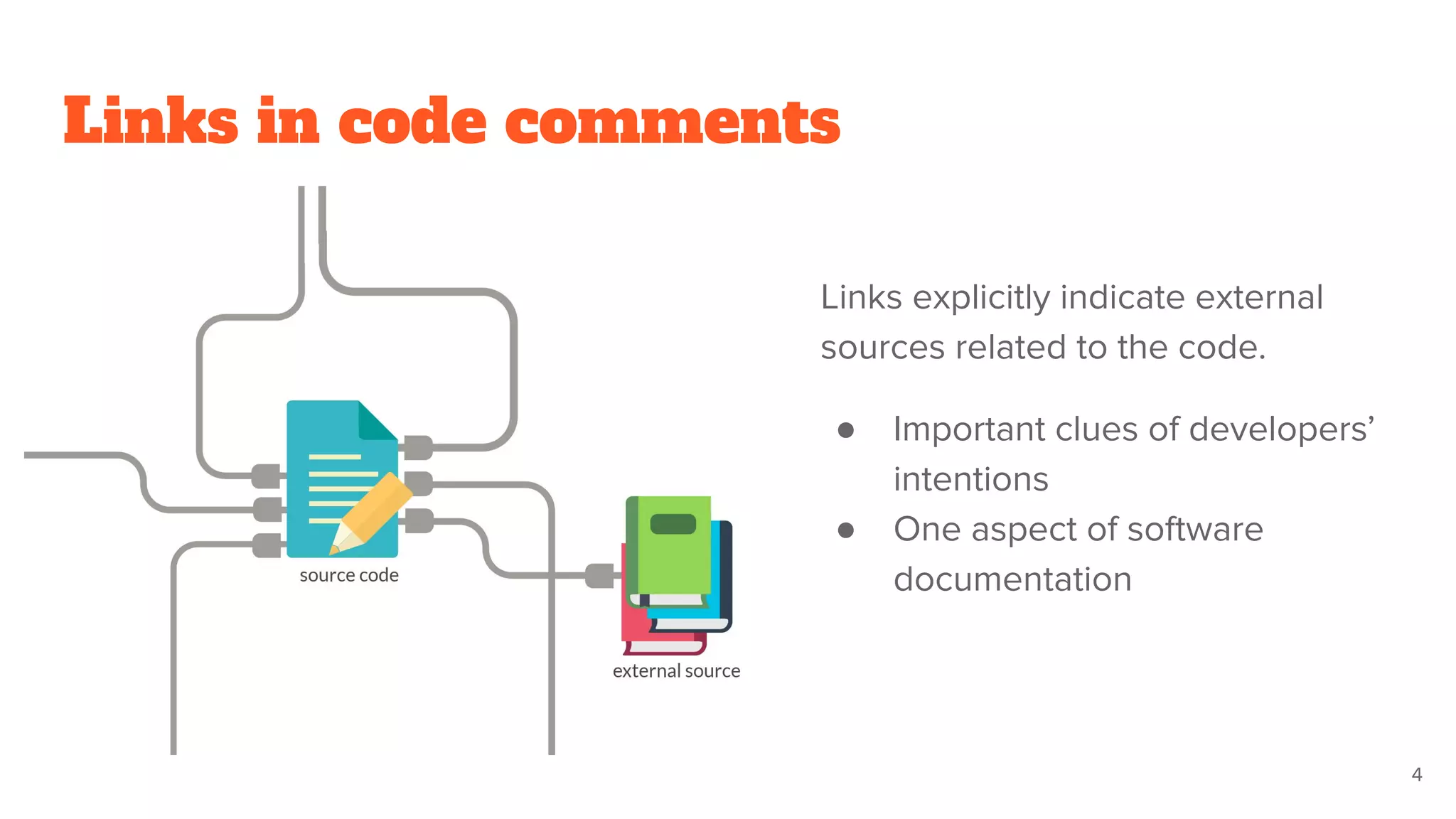 Links in code comments
Links explicitly indicate external
sources related to the code.
● Important clues of developers’
intentions
● One aspect of software
documentation
4
 