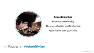 Paradigms – Postpositivism
Scientific method
Evidence-based reality
Theory verification and falsification
Quantitative over qualitative
18
 