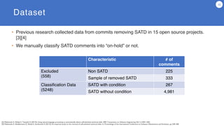 Dataset
15
• Previous research collected data from commits removing SATD in 15 open source projects.
[3][4]
• We manually classify SATD comments into “on-hold” or not.
Characteristic # of
comments
Excluded
(558)
Non SATD 225
Sample of removed SATD 333
Classification Data
(5248)
SATD with condition 267
SATD without condition 4,981
 