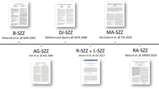 R-SZZ e L-SZZ
B-SZZ
AG-SZZ
MA-SZZ
DJ-SZZ
RA-SZZ
Śliwerski et al. @ MSR 2005 Williams and Spacco @ ISSTA 2008 Da Costa et al. @ TSE 2016
Kim et al. @ ASE 2006 Davies et al. @ JSE 2013 Neto et al. @ SANER 2018
 