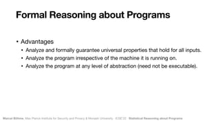 Marcel Böhme, Max Planck Institute for Security and Privacy & Monash University · ICSE’22 · Statistical Reasoning about Programs
• Advantages

• Analyze and formally guarantee universal properties that hold for all inputs.

• Analyze the program irrespective of the machine it is running on.

• Analyze the program at any level of abstraction (need not be executable).
Formal Reasoning about Programs
 