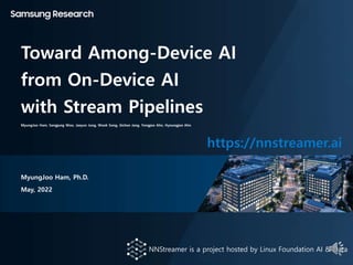 Toward Among-Device AI
from On-Device AI
with Stream Pipelines
https://nnstreamer.ai
MyungJoo Ham, Ph.D.
May, 2022
NNStreamer is a project hosted by Linux Foundation AI & Data
MyungJoo Ham, Sangjung Woo, Jaeyun Jung, Wook Song, Gichan Jang, Yongjoo Ahn, Hyoungjoo Ahn
 