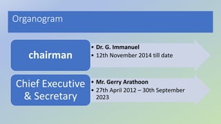 Organogram
• Dr. G. Immanuel
• 12th November 2014 till date
chairman
• Mr. Gerry Arathoon
• 27th April 2012 – 30th September
2023
Chief Executive
& Secretary
 