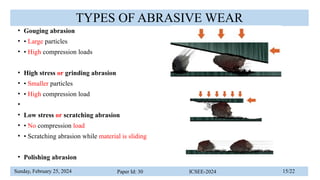 Sunday, February 25, 2024 Paper Id: 30 ICSEE-2024 15/22
TYPES OF ABRASIVE WEAR
• Gouging abrasion
• • Large particles
• • High compression loads
• High stress or grinding abrasion
• • Smaller particles
• • High compression load
•
• Low stress or scratching abrasion
• • No compression load
• • Scratching abrasion while material is sliding
• Polishing abrasion
 