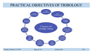 Sunday, February 25, 2024 Paper Id: 30 ICSEE-2024 4/22
PRACTICAL OBJECTIVES OF TRIBOLOGY
 