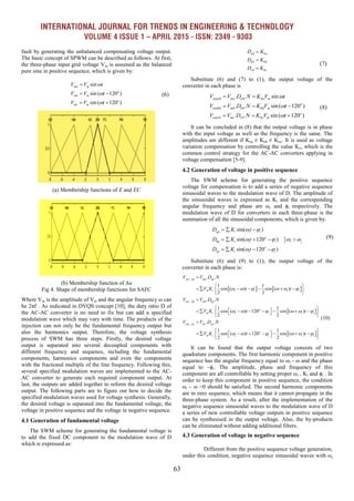 INTERNATIONAL JOURNAL FOR TRENDS IN ENGINEERING & TECHNOLOGY
VOLUME 4 ISSUE 1 – APRIL 2015 - ISSN: 2349 - 9303
63
(10)
fault by generating the unbalanced compensating voltage output.
The basic concept of SPWM can be described as follows. At first,
the three-phase input grid voltage Vm is assumed as the balanced
pure sine in positive sequence, which is given by:
sin
sin ( 120 )
sin ( 120 )
ina m
o
inb m
o
inc m
V V t
V V t
V V t




 
 
(a) Membership functions of E and EC
(b) Membership function of Δu
Fig 4. Shape of membership functions for SAFC
Where Vm is the amplitude of Vin and the angular frequency ω can
be 2πf . As indicated in DVQS concept [10], the duty ratio D of
the AC-AC converter is no need to fix but can add a specified
modulation wave which may vary with time. The products of the
injection can not only be the fundamental frequency output but
also the harmonics output. Therefore, the voltage synthesis
process of SWM has three steps. Firstly, the desired voltage
output is separated into several decoupled components with
different frequency and sequence, including the fundamental
components, harmonics components and even the components
with the fractional multiple of the line frequency. Following this,
several specified modulation waves are implemented to the AC-
AC converter to generate each required component output. At
last, the outputs are added together to reform the desired voltage
output. The following parts are to figure out how to decide the
specified modulation waves used for voltage synthesis. Generally,
the desired voltage is separated into the fundamental voltage, the
voltage in positive sequence and the voltage in negative sequence.
4.1 Generation of fundamental voltage
The SWM scheme for generating the fundamental voltage is
to add the fixed DC component to the modulation wave of D
which is expressed as:
0 0
0 0
0 0
a a
b b
c c
D K
D K
D K



Substitute (6) and (7) to (1), the output voltage of the
converter in each phase is
0 0 0
0 0 0
0 0 0
. . sin
. . sin ( 120 )
. . sin ( 120 )
outa ina a a m
o
outb inb b b m
o
outc inc c c m
V V D N K V t
V V D N K V t
V V D N K V t



 
  
  
It can be concluded in (8) that the output voltage is in phase
with the input voltage as well as the frequency is the same. The
amplitudes are different if Koa ≠ Kob ≠ Koc. It is used as voltage
variation compensation by controlling the value Ko, which is the
common control strategy for the AC-AC converters applying in
voltage compensation [5-9].
4.2 Generation of voltage in positive sequence
The SWM scheme for generating the positive sequence
voltage for compensation is to add a series of negative sequence
sinusoidal waves to the modulation wave of D. The amplitude of
the sinusoidal waves is expressed as Ki and the corresponding
angular frequency and phase are ω, and ϕi respectively. The
modulation wave of D for converters in each three-phase is the
summation of all the sinusoidal components, which is given by:

sin( )
sin( 120 )
sin( 120 )
ap i i i
o
bp i i i i i
o
cp i i i
D K t
D K t
D K t
 
   
 
  
    
   
Substitute (6) and (9) to (1), the output voltage of the
converter in each phase is:
   
 
 
_
_
_
. .
1 1
cos ( ) cos ( )
2 2
. .
1 1
cos ( ) 120 cos ( )
2 2
. .
1 1
cos ( ) 120 cos ( )
2 2
out ap ina ap
m i i i i i
out bp inb bp
o
m i i i i i
out cp inc cp
o
m i i i i i
V V D N
V K t t
V V D N
V K t t
V V D N
V K t t
     
     
     

 
      
 

 
         
 

 
         
 
It can be found that the output voltage consists of two
quadrature components. The first harmonic component in positive
sequence has the angular frequency equal to ωi - ω and the phase
equal to –ϕi. The amplitude, phase and frequency of this
component are all controllable by setting proper ωi , Ki and ϕi . In
order to keep this component in positive sequence, the condition
ωi – ω >0 should be satisfied. The second harmonic components
are in zero sequence, which means that it cannot propagate in the
three-phase system. As a result, after the implementation of the
negative sequence sinusoidal waves to the modulation wave of D
a series of new controllable voltage outputs in positive sequence
can be synthesised in the output voltage. Also, the by-products
can be eliminated without adding additional filters.
4.3 Generation of voltage in negative sequence
Different from the positive sequence voltage generation,
under this condition, negative sequence sinusoidal waves with ωj
(7)
(8)
(9)
(6)
 