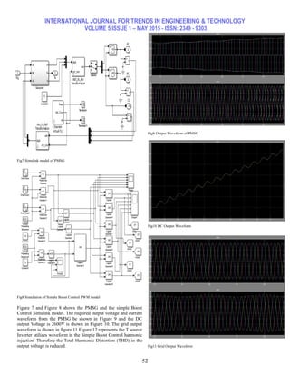 INTERNATIONAL JOURNAL FOR TRENDS IN ENGINEERING & TECHNOLOGY
VOLUME 5 ISSUE 1 – MAY 2015 - ISSN: 2349 - 9303
52
Fig7 Simulink model of PMSG
Fig8 Simulation of Simple Boost Control PWM model
Figure 7 and Figure 8 shows the PMSG and the simple Boost
Control Simulink model. The required output voltage and current
waveform from the PMSG be shown in Figure 9 and the DC
output Voltage is 2600V is shown in Figure 10. The grid output
waveform is shown in figure 11.Figure 12 represents the T source
Inverter utilizes waveform in the Simple Boost Control harmonic
injection. Therefore the Total Harmonic Distortion (THD) in the
output voltage is reduced.
Fig9 Output Waveform of PMSG
Fig10 DC Output Waveform
Fig11 Grid Output Waveform
 