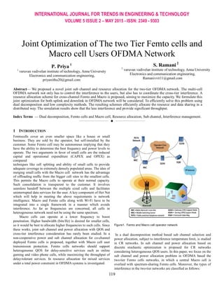 INTERNATIONAL JOURNAL FOR TRENDS IN ENGINEERING & TECHNOLOGY
VOLUME 5 ISSUE 2 – MAY 2015 - ISSN: 2349 - 9303
119
Joint Optimization of The two Tier Femto cells and
Macro cell Users OFDMA Network
P. Priya 1
1
varuvan vadivelan institute of technology, Anna University
Electronics and communication engineering,
priyanithu20@gmail.com
S. Ramani 2
2
varuvan vadivelan institute of technology, Anna University
Electronics and communication engineering,
Ramanivvit11@gmail.com
Abstract— We proposed a novel joint sub channel and resource allocation for the two-tier OFDMA network. The multi-cell
OFDMA network not only has to control the interference to the users, but also has to coordinate the cross-tier interference. A
resource allocation scheme for cross-channel Femto and Macro is proposed, aiming to maximize the capacity. We formulate this
joint optimization for both uplink and downlink in OFDMA network will be considered. To efficiently solve this problem using
dual decomposition and low complexity methods. The resulting schemes efficiently allocate the resource and data sharing in a
distributed way. The simulation results show that the less interference and provide significant throughput.
Index Terms — Dual decomposition, Femto cells and Macro cell, Resource allocation, Sub channel, Interference management.
——————————  ——————————
1 INTRODUCTION
Femtocells cover an even smaller space like a house or small
business. They are sold by the operator, but self-installed by the
customer. Some Femto cell may be autonomous implying that they
have the ability to determine the best frequency and power levels to
operate. The two arguments in favor of small cells are the reduced
capital and operational expenditure (CAPEX and OPEX) as
compared
techniques like cell splitting and ability of small cells to provide
adequate coverage in extremely densely populated areas. The idea of
merging small cells with the Macro cell network has the advantage
of offloading traffic from the bigger cell sites to the smallest cells.
This permits the Macro cells to operate at their normal capacity.
Such consolidation is transparent to the customer. It involves
seamless handoff between the multiple sized cells and facilitates
uninterrupted data services for the user. A key component of Het Net
which will help in meeting the above requirements is network
intelligence. Macro and Femto cells along with Wi-Fi have to be
integrated into a single framework in a manner which avoids
interference. As far as frequencies are concerned, all cells in
heterogeneous network need not be using the same spectrum.
Macro cells can operate at a lower frequency to boost
penetration. Higher bandwidth (bits/Hz) is desired for smaller cells,
so it would be best to allocate higher frequencies to such cells. Since
these works, joint sub channel and power allocation with QOS and
cross-tier interference consideration has rarely been studied. In a
non-cooperative power and sub channel allocation for co-channel
deployed Femto cells is proposed, together with Macro cell user
transmission protection. Femto cells networks should support
heterogeneous QOS for delay-sensitive services such as online
gaming and video phone calls, while maximizing the throughput of
delay-tolerant services. In resource allocation for mixed services
under a total power constraint in OFDMA systems is investigated.
Figure1. Femto and Macro cell operator network
In a dual decomposition method based sub channel selection and
power allocation, subject to interference temperature limit, is studied
in CR networks. In sub channel and power allocation based on
discrete stochastic optimization is proposed for CR networks
considering heterogeneous QOS users. In this paper, we focus on the
sub channel and power allocation problem in OFDMA based the
two-tier Femto cells networks, in which a central Macro cell is
overlaid with spectrum-sharing Femto cells. Moreover, the types of
interference in the two-tier networks are classified as follows:
 