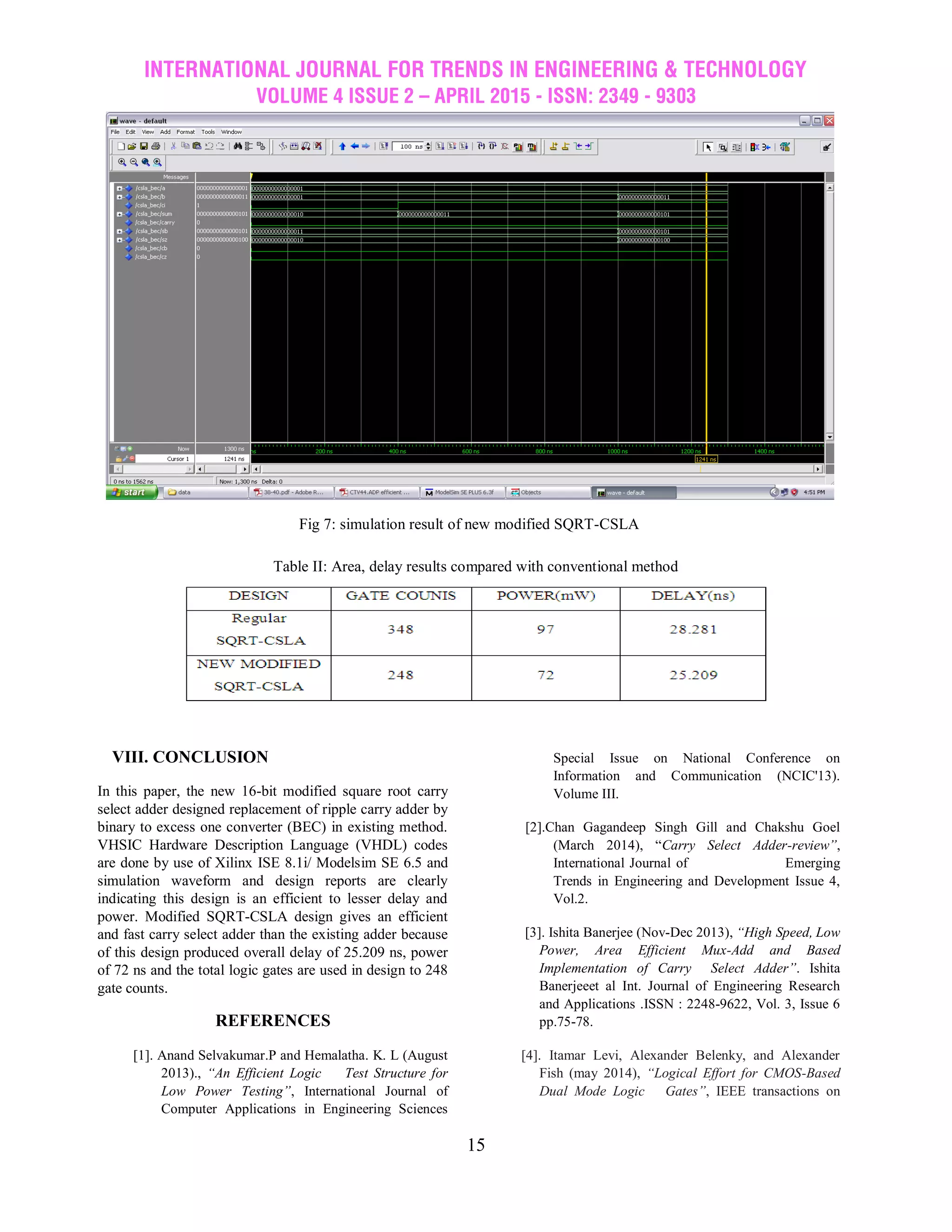 INTERNATIONAL JOURNAL FOR TRENDS IN ENGINEERING & TECHNOLOGY
VOLUME 4 ISSUE 2 – APRIL 2015 - ISSN: 2349 - 9303
15
Fig 7: simulation result of new modified SQRT-CSLA
Table II: Area, delay results compared with conventional method
VIII. CONCLUSION
In this paper, the new 16-bit modified square root carry
select adder designed replacement of ripple carry adder by
binary to excess one converter (BEC) in existing method.
VHSIC Hardware Description Language (VHDL) codes
are done by use of Xilinx ISE 8.1i/ Modelsim SE 6.5 and
simulation waveform and design reports are clearly
indicating this design is an efficient to lesser delay and
power. Modified SQRT-CSLA design gives an efficient
and fast carry select adder than the existing adder because
of this design produced overall delay of 25.209 ns, power
of 72 ns and the total logic gates are used in design to 248
gate counts.
REFERENCES
[1]. Anand Selvakumar.P and Hemalatha. K. L (August
2013)., “An Efficient Logic Test Structure for
Low Power Testing”, International Journal of
Computer Applications in Engineering Sciences
Special Issue on National Conference on
Information and Communication (NCIC'13).
Volume III.
[2].Chan Gagandeep Singh Gill and Chakshu Goel
(March 2014), “Carry Select Adder-review”,
International Journal of Emerging
Trends in Engineering and Development Issue 4,
Vol.2.
[3]. Ishita Banerjee (Nov-Dec 2013), “High Speed, Low
Power, Area Efficient Mux-Add and Based
Implementation of Carry Select Adder”. Ishita
Banerjeeet al Int. Journal of Engineering Research
and Applications .ISSN : 2248-9622, Vol. 3, Issue 6
pp.75-78.
[4]. Itamar Levi, Alexander Belenky, and Alexander
Fish (may 2014), “Logical Effort for CMOS-Based
Dual Mode Logic Gates”, IEEE transactions on
 
