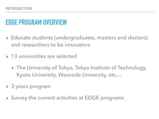 INTRODUCTION
EDGE PROGRAM OVERVIEW
▸ Educate students (undergraduates, masters and doctors)
and researchers to be innovators
▸ 13 universities are selected
▸ The University of Tokyo, Tokyo Institute of Technology,
Kyoto University, Wasoeda University, etc…
▸ 3 years program
▸ Survey the current activities at EDGE programs
 