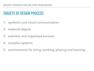 DESIGN THINKING AND RELATED RESEARCHES
TARGETS OF DESIGN PROCESS
1. symbolic and visual communication
2. material objects
3. activities and organized services
4. complex systems
5. environments for living, working, playing and learning
 