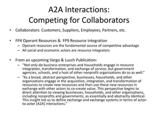 A2A Interactions:
Competing for Collaborators
• Collaborators: Customers, Suppliers, Employees, Partners, etc.

• FP4 Operant Resources & FP9 Resource Integration
– Operant resources are the fundamental source of competitive advantage
– All social and economic actors are resource integrators

• From an upcoming Vargo & Lusch Publication:
– “Not only do business enterprises and households engage in resource
integration, transformation, and exchange of service, but government
agencies, schools, and a host of other nonprofit organizations do so as well.”
– “As a broad, abstract perspective, businesses, households, and other
organizations engage in the acquisition, integration, and transformation of
resources to create new resources and then use these new resources in
exchange with other actors to co-create value. This perspective begins to
direct attention to viewing businesses, households, and other organizations,
including nonprofits and governments, as essentially and abstractly identical.
This insight led us to define exchange and exchange systems in terms of actorto-actor (A2A) interactions.”

 