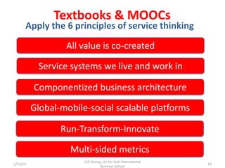 Textbooks & MOOCs

Apply the 6 principles of service thinking

All value is co-created
Service systems we live and work in
Componentized business architecture

Global-mobile-social scalable platforms
Run-Transform-Innovate
Multi-sided metrics
1/11/13

CVC Group, LLC for Hult International
Business School

13

 