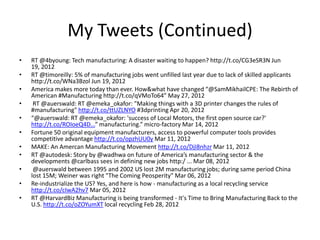 My Tweets (Continued)
•
•
•
•
•
•
•
•
•
•
•

RT @4byoung: Tech manufacturing: A disaster waiting to happen? http://t.co/CG3eSR3N Jun
19, 2012
RT @timoreilly: 5% of manufacturing jobs went unfilled last year due to lack of skilled applicants
http://t.co/WNa3Bzol Jun 19, 2012
America makes more today than ever. How&what have changed “@SamMikhailCPE: The Rebirth of
American #Manufacturing http://t.co/qVMoTo64” May 27, 2012
RT @auerswald: RT @emeka_okafor: "Making things with a 3D printer changes the rules of
#manufacturing" http://t.co/ttUZLNYO #3dprinting Apr 20, 2012
“@auerswald: RT @emeka_okafor: 'success of Local Motors, the first open source car?'
http://t.co/ROIoeQ4D...” manufacturing.” micro-factory Mar 14, 2012
Fortune 50 original equipment manufacturers, access to powerful computer tools provides
competitive advantage http://t.co/opzhUU0y Mar 11, 2012
MAKE: An Amercan Manufacturing Movement http://t.co/DjI8nhzr Mar 11, 2012
RT @autodesk: Story by @wadhwa on future of America’s manufacturing sector & the
developments @carlbass sees in defining new jobs http:/ ... Mar 08, 2012
@auerswald between 1995 and 2002 US lost 2M manufacturing jobs; during same period China
lost 15M; Weiner was right "The Coming Peosperity" Mar 06, 2012
Re-industrialize the US? Yes, and here is how - manufacturing as a local recycling service
http://t.co/cIwA2hv7 Mar 05, 2012
RT @HarvardBiz Manufacturing is being transformed - It's Time to Bring Manufacturing Back to the
U.S. http://t.co/oZOYumXT local recycling Feb 28, 2012

 