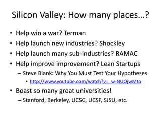 Silicon Valley: How many places…?
•
•
•
•

Help win a war? Terman
Help launch new industries? Shockley
Help launch many sub-industries? RAMAC
Help improve improvement? Lean Startups
– Steve Blank: Why You Must Test Your Hypotheses
• http://www.youtube.com/watch?v=_w-NUOjwMto

• Boast so many great universities!
– Stanford, Berkeley, UCSC, UCSF, SJSU, etc.

 