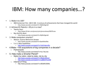 IBM: How many companies…?
•

1. Make it to 100?
–

IBM Centennial Film: 100 X 100 - A century of achievements that have changed the world
•

•

2. Achieve #1 Patents > 20 yrs in a row?
–

Twenty Years
•

–

Watson: Science Behind An Answer
•

–

http://www.youtube.com/watch?v=DywO4zksfXw

5 in 5: New Capabilities
•

http://www.youtube.com/watch?v=YwfJVwknvRo

4.Make ~100 acquisitions of big companies in a decade?
–

Partnerworld
•

•

http://www.youtube.com/watch?v=39jtNUGgmd4

3. Make computers smarter?
–

•

http://www-03.ibm.com/press/us/en/pressrelease/40070.wss

Boy And His Atom
•

•

http://www.youtube.com/watch?v=39jtNUGgmd4

http://www.youtube.com/watch?v=Iivc-7dLLhw

5. Help make a Smarter Planet?
–

Nation by nation, state by state, city by city
•
•

–

http://www.youtube.com/watch?v=2BadLt6XkyA
http://www.youtube.com/watch?v=vuBBGYFonXM

Internet of Thing
•

http://www.youtube.com/watch?v=sfEbMV295Kk

 