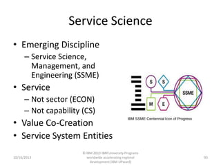 Service Science
• Emerging Discipline
– Service Science,
Management, and
Engineering (SSME)

• Service
– Not sector (ECON)
– Not capability (CS)

• Value Co-Creation
• Service System Entities
10/16/2013

IBM SSME Centennial Icon of Progress

© IBM 2013 IBM University Programs
worldwide accelerating regional
development (IBM UPward)

93

 