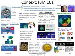 Context: IBM 101

More than 40% of IBMs
workforce does
business away from an
office

IBM has
~425,000
employees
worldwide

IBM operates in 170 countries
around the globe

2012 Financials
24% of IBMs revenue in
Growth Market countries;  Revenue - $ 104.5B
 Net Income - $ 17.6B
growing at 7% ( @cc) in
2012
 EPS - $ 15.25 (10 yrs of

IBM Growth Initiatives

EPS d/digit growth)

 Net Cash - $18.2B

Acquisitions contribute significantly
to IBM’s growth ; ~120 acquisitions in
last decade

Number 1 in patent
generation for 20
consecutive years ;
6,478 US patents
awarded in 2012

10/16/2013

New Era in IBM’s Leadership

100 Years of Business &
Innovation in 2011

The Smartest Machine On Earth

10 time winner of the
5 Nobel Laureates
President’s National
Medal of Technology &
Innovation – latest for
LASIK laser refractive
surgical techniques
© IBM 2013 IBM University Programs
worldwide accelerating regional
development (IBM UPward)

99

 