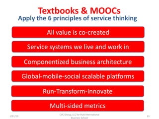 Textbooks & MOOCs

Apply the 6 principles of service thinking

All value is co-created
Service systems we live and work in...