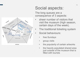 13
Social aspects:
The long queues are a
consequence of 3 aspects:
• sheer number of visitors that
visit the museum (high season,
certain days of the week).
• The traditional ticketing system
• Social behaviours:
• free Sundays
• group visits
• the popularity of certain artworks
• the heavily populated shared area
just outside of the museum that is
filled with tourists
 