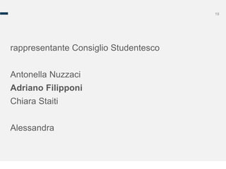 19
rappresentante Consiglio Studentesco
Antonella Nuzzaci
Adriano Filipponi
Chiara Staiti
Alessandra
 