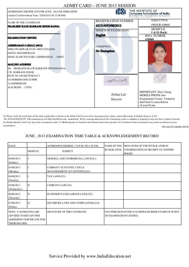 Icsi admit-card