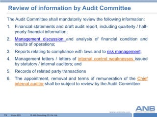 Review of information by Audit Committee
     The Audit Committee shall mandatorily review the following information:
     1. Financial statements and draft audit report, including quarterly / half-
        yearly financial information;
     2. Management discussion and analysis of financial condition and
        results of operations;
     3. Reports relating to compliance with laws and to risk management;
     4. Management letters / letters of internal control weaknesses issued
        by statutory / internal auditors; and
     5. Records of related party transactions
     6. The appointment, removal and terms of remuneration of the Chief
        internal auditor shall be subject to review by the Audit Committee




15     5-Mar-2011   © ANB Consulting CO. Pvt. Ltd.                     T
 