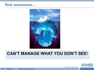 Risk awareness…




      CAN’T MANAGE WHAT YOU DON’T SEE!


18   5-Mar-2011   © ANB Consulting CO. Pvt. Ltd.   T
 